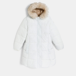 سترة منفوخة مبطنة طويلة طاردة للماء باللون الأبيض للفتيات